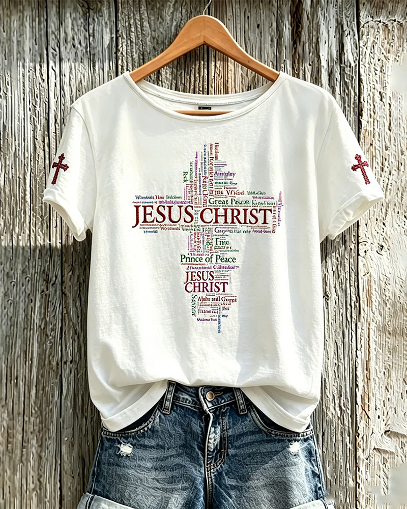 100% Cotton Christian Cross Letter Print Crew Neck Short Sleeve Tshirt