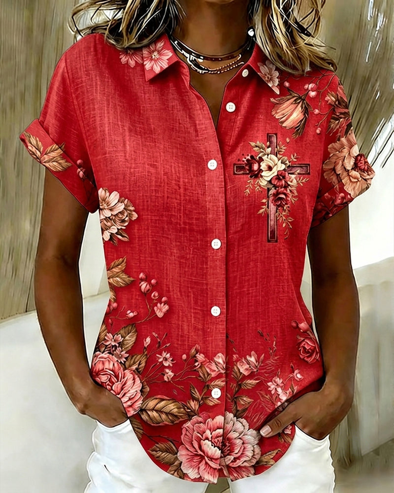 Women's Rose Cross Print Lapel Button-Down Short-Sleeved Shirt