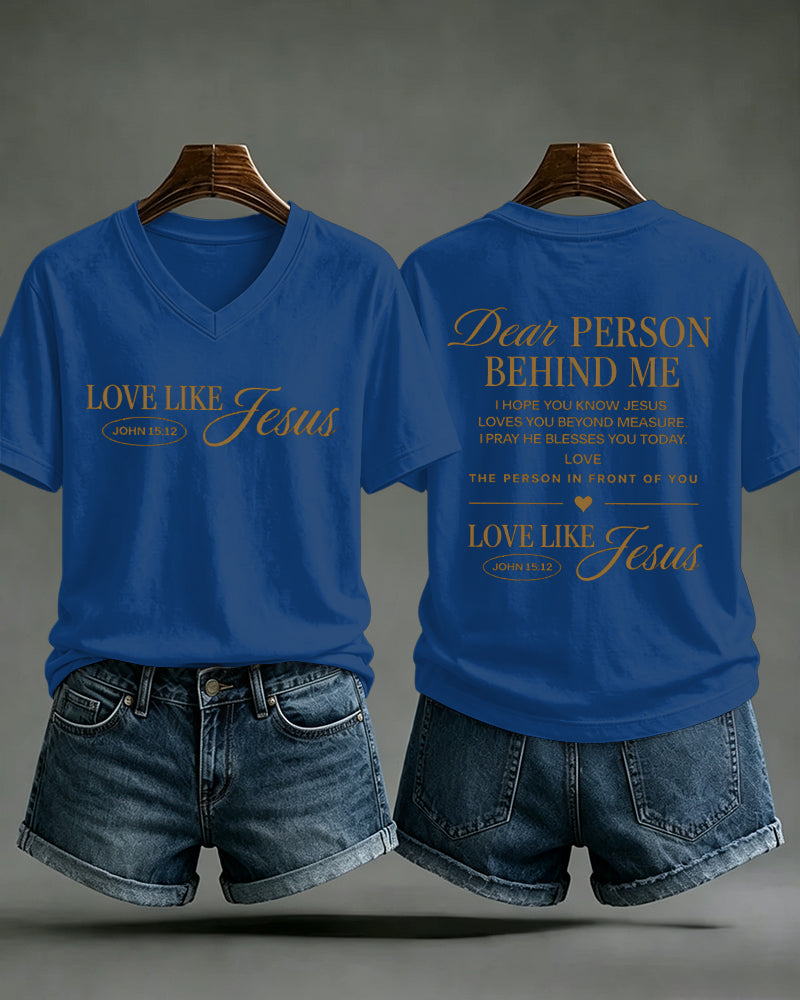 LOVE LIKE JESUS Scripture Print V-Neck Short Sleeve T-Shirt