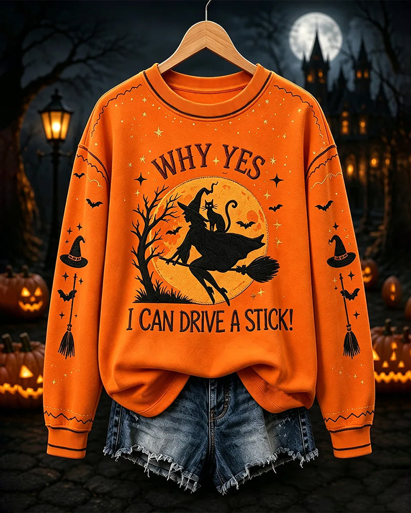 Women's Why Yes I Can Drive A Stick Cat Printed Round Neck Sweatshirt