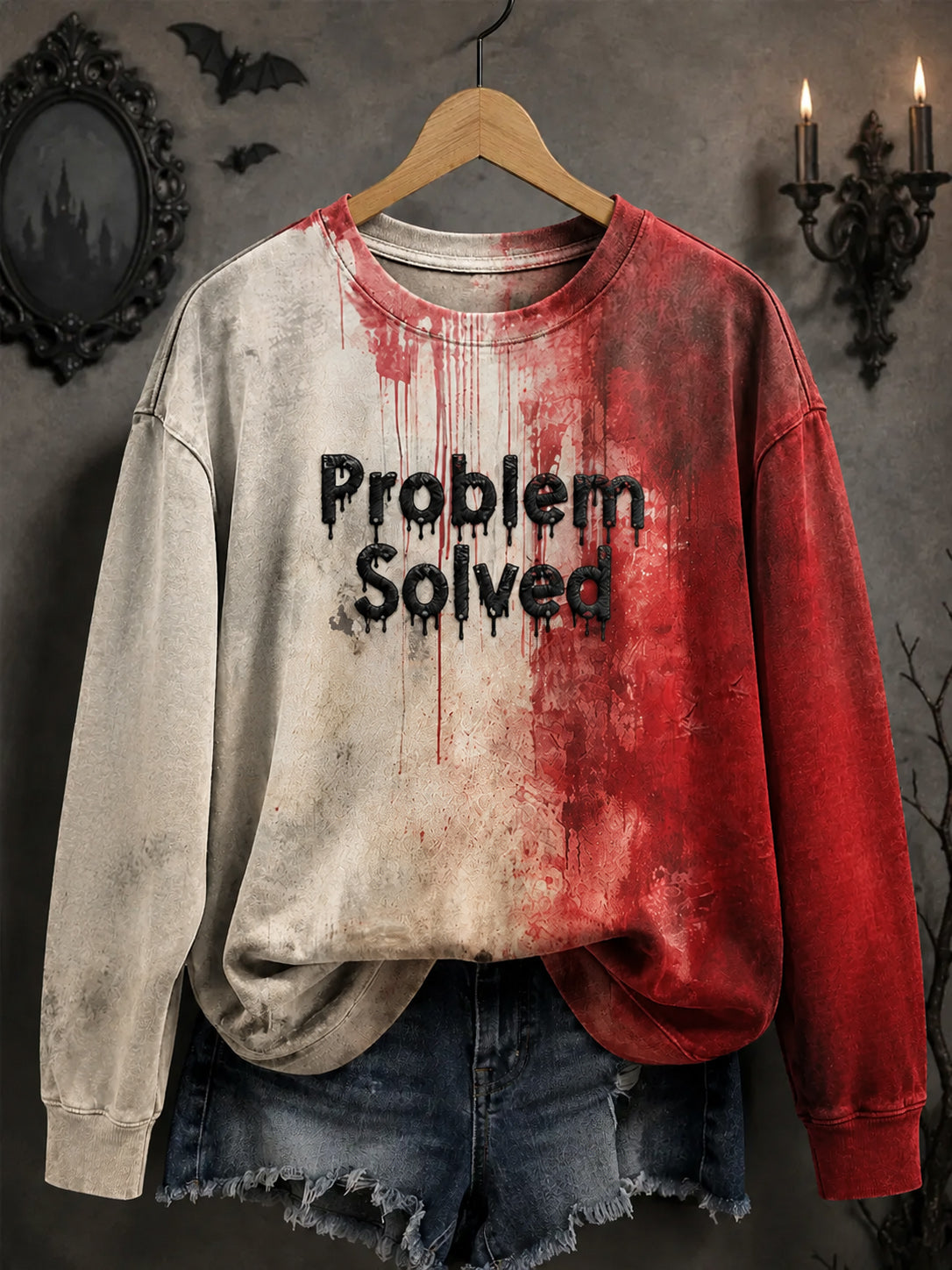 Women's Blood Problem Solved Halloween Printed Round Neck Sweatshirt
