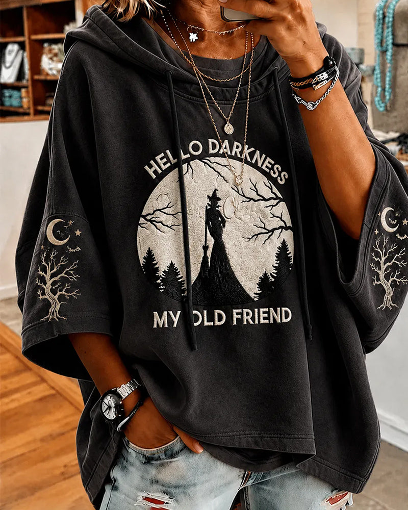 Women's Funny Halloween Hello Darkness My Old Friend Print Loose Hooded Hoodie