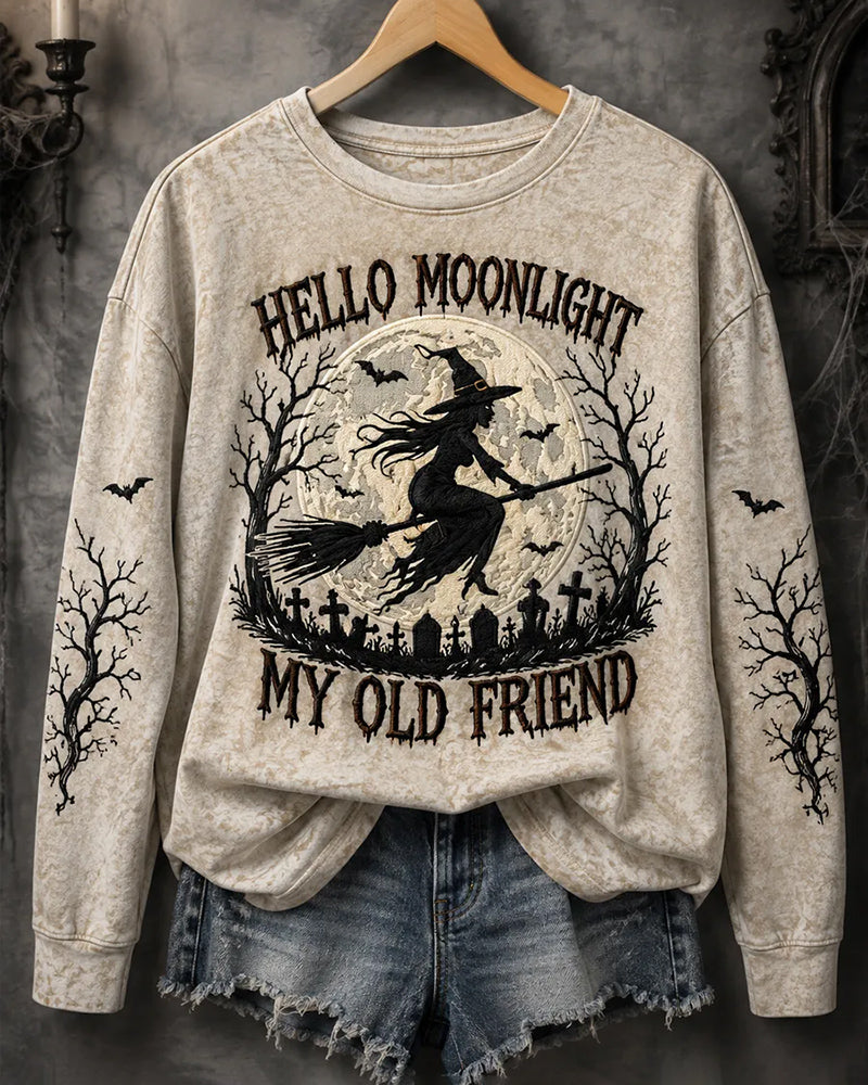 Women's Funny Halloween Witch Hello Darkness My Old Friend Print Round Neck Sweatshirt