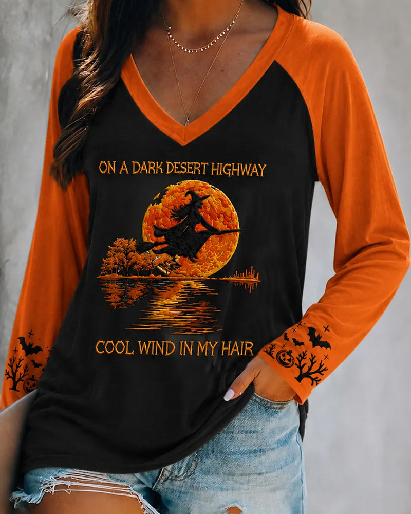 Women's Halloween Witch Pumpkin Bat Printed V-neck Long-sleeved T-shirt