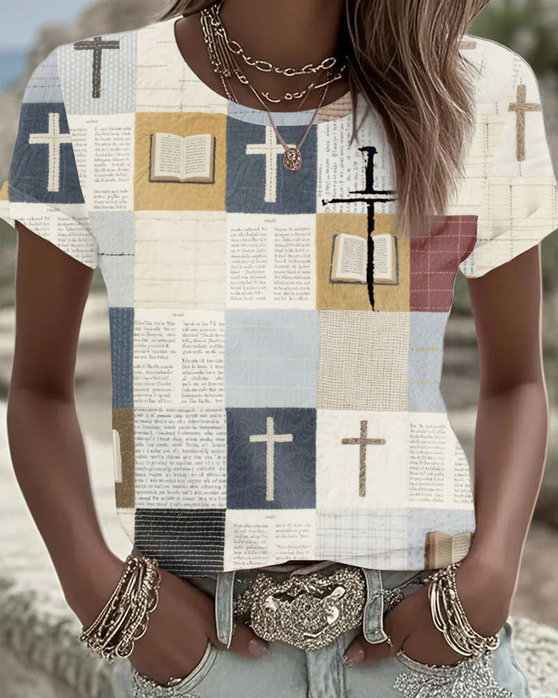 Plaid Patchwork Bible Book Cross Print Short Sleeve Tee
