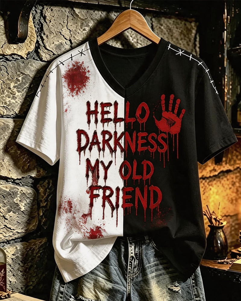 "Hello Darkness My Old Friend" Palm Colorblock Printed V-Neck Short Sleeve T-Shirt