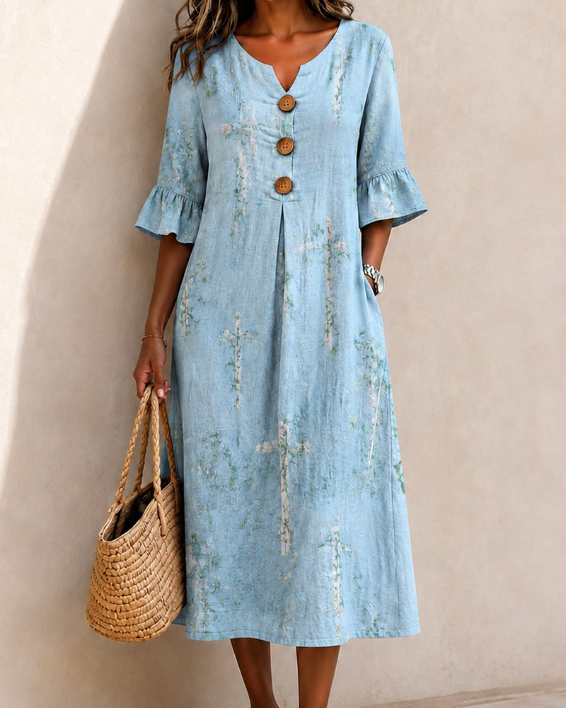 Floral Cross V-Neck Wooden Buckle Midi Dress