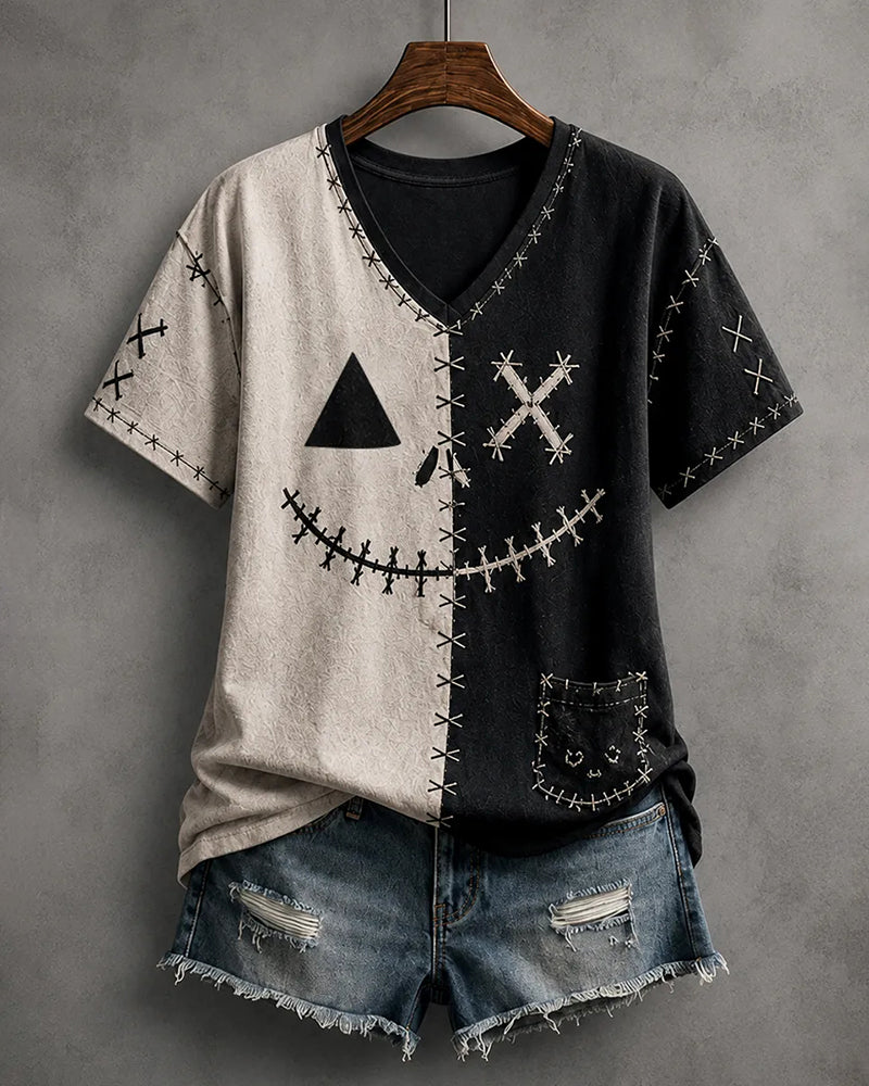 Vintage Half-Contrast Ghostface Stitch Patch Print V-Neck Short-Sleeve Tee