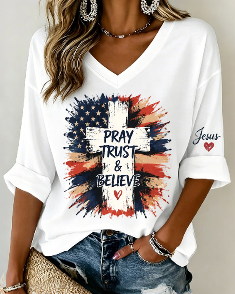 American Style Splash Ink Flag Cross Sleeves Jesus Love Printed V-Neck 4/3 Sleeve Long Loose T-Shirt