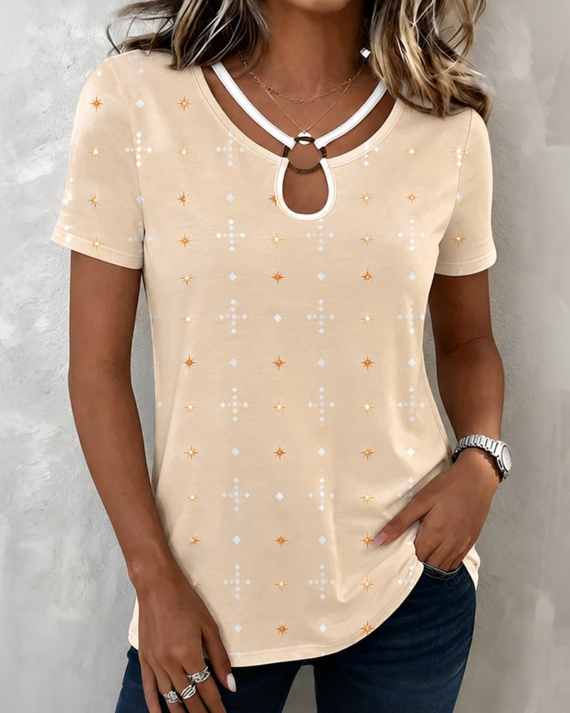 Star Diamond Small Floral Print Hollow Short Sleeve T-shirt