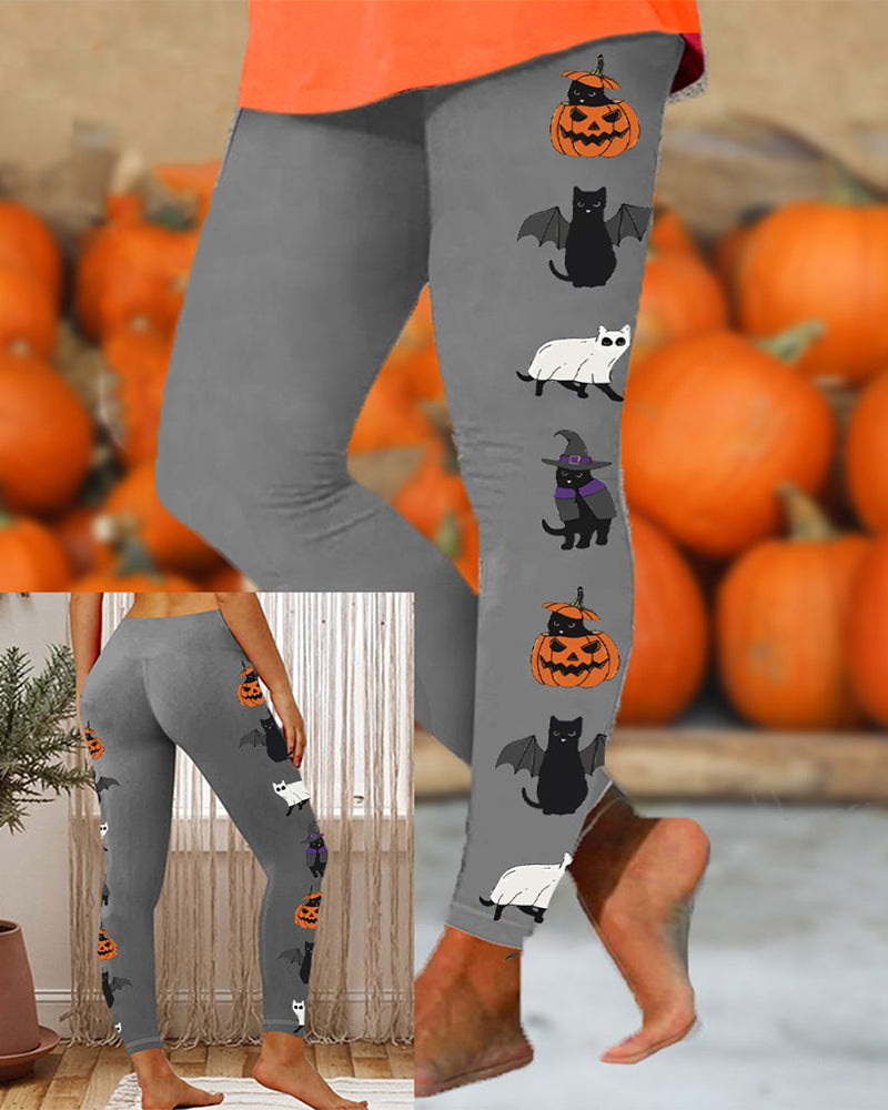 Women's Cat, Pumpkin and Bat Printed Casual Leggings