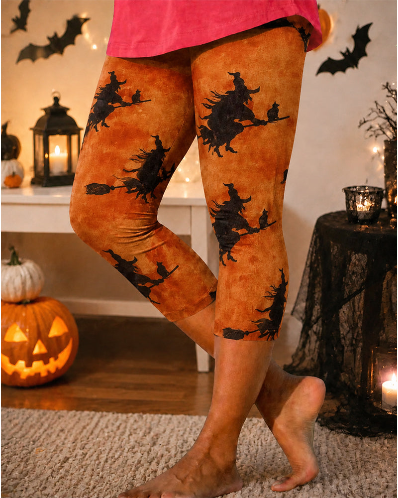 Women's Orange tie-dye witch flying on a broomstick Printed Casual Leggings