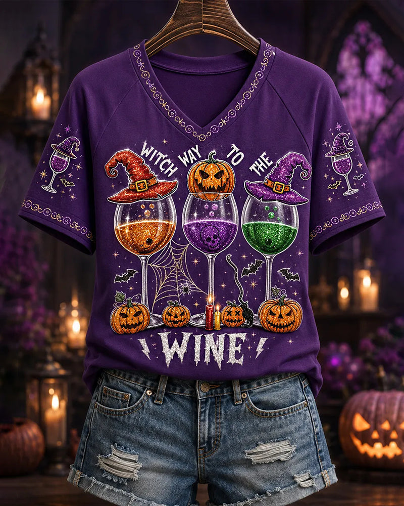 Women's Funny Halloween Witch Way To The Wine Print Casual V-Neck Tee