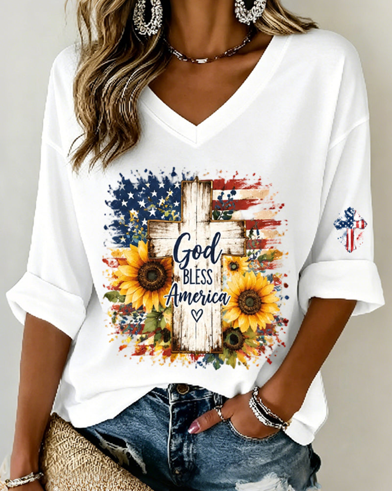 Cross Sunflower God Bless America Print V-Neck 4/3 Sleeve Long Loose Tee