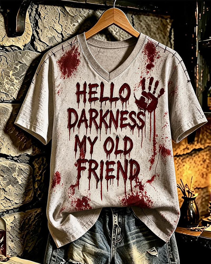 "Hello Darkness My Old Friend" Palm Printed V-Neck Short Sleeve T-Shirt