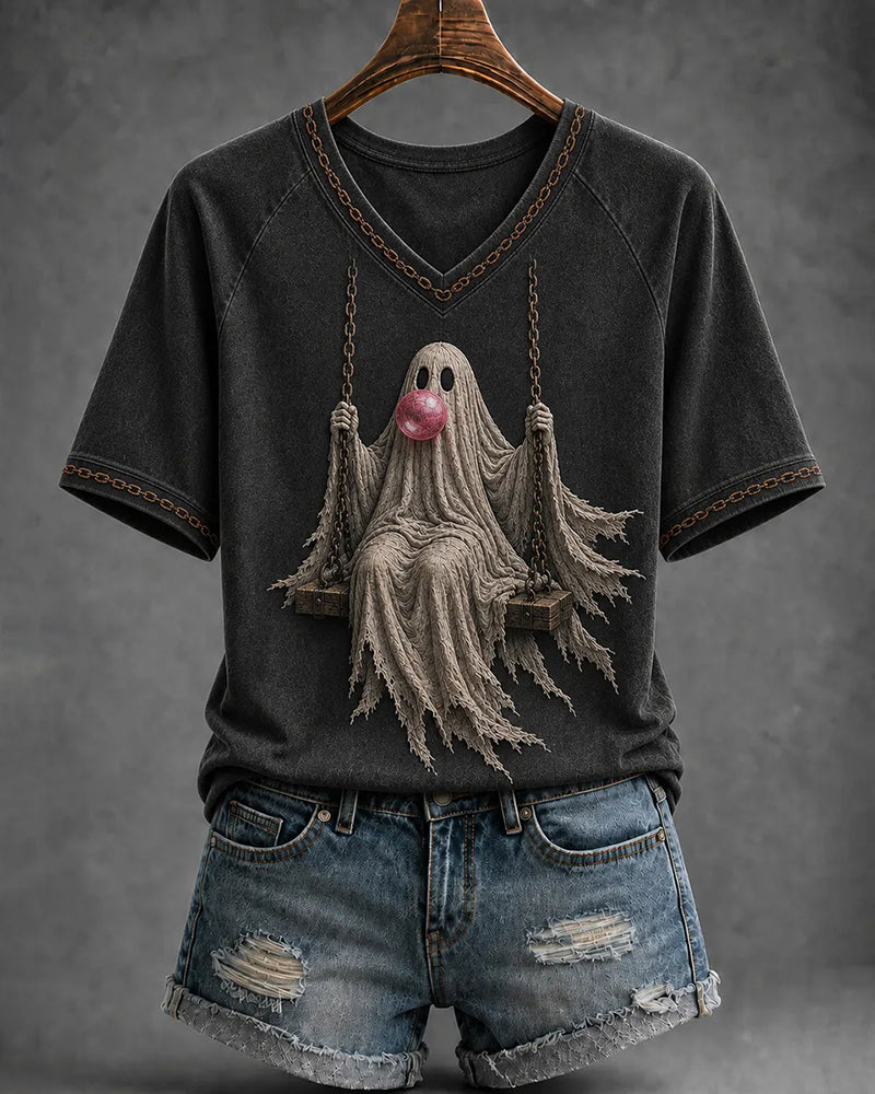 Women's Halloween Ghost on Swing V-neck Short Sleeve T-shirt
