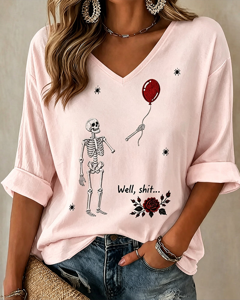 Women's Halloween Fun Skull Balloon Prints Mid-length V-neck Loose T-shirt