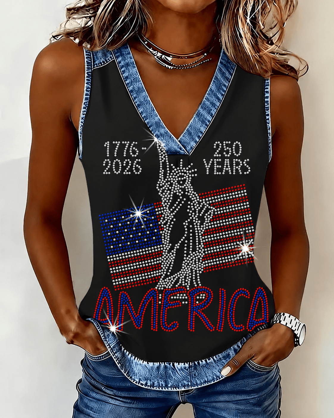 Floral American Flag Print V-Neck Vest