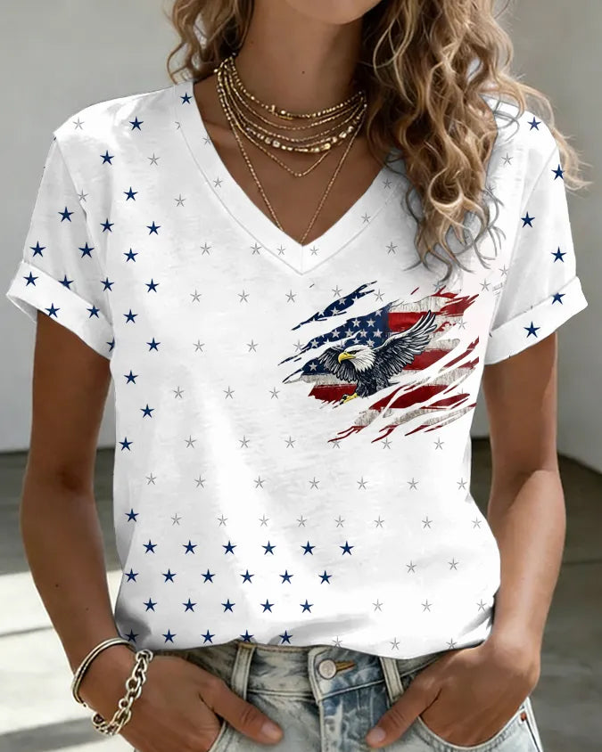 250th Anniversary Eagle American Flag Print V-neck Short Sleeve Tshirt