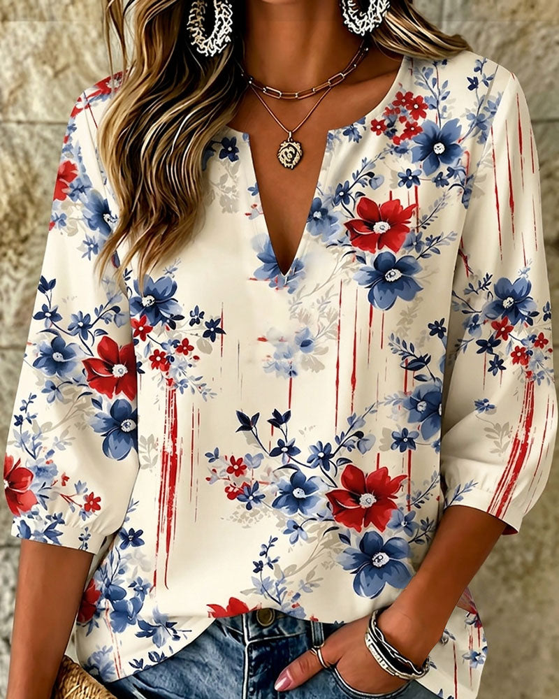 250th Anniversary Floral Oil Painting V‑Neck 3/4 Sleeve Blouse