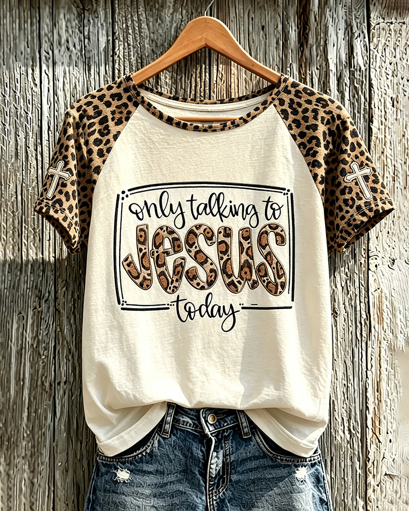 Faith Slogan Leopard Print Pattern Printed Crew Neck Short Sleeve Tshirt