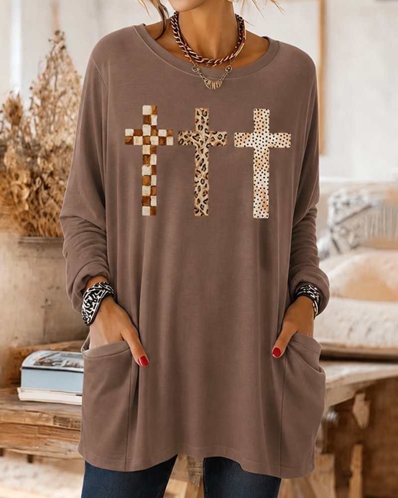 Chessboard Leopard Print Wave Dot Stitching Cross Printed Double Pocket Sleeve Long Round Neck T-Shirt