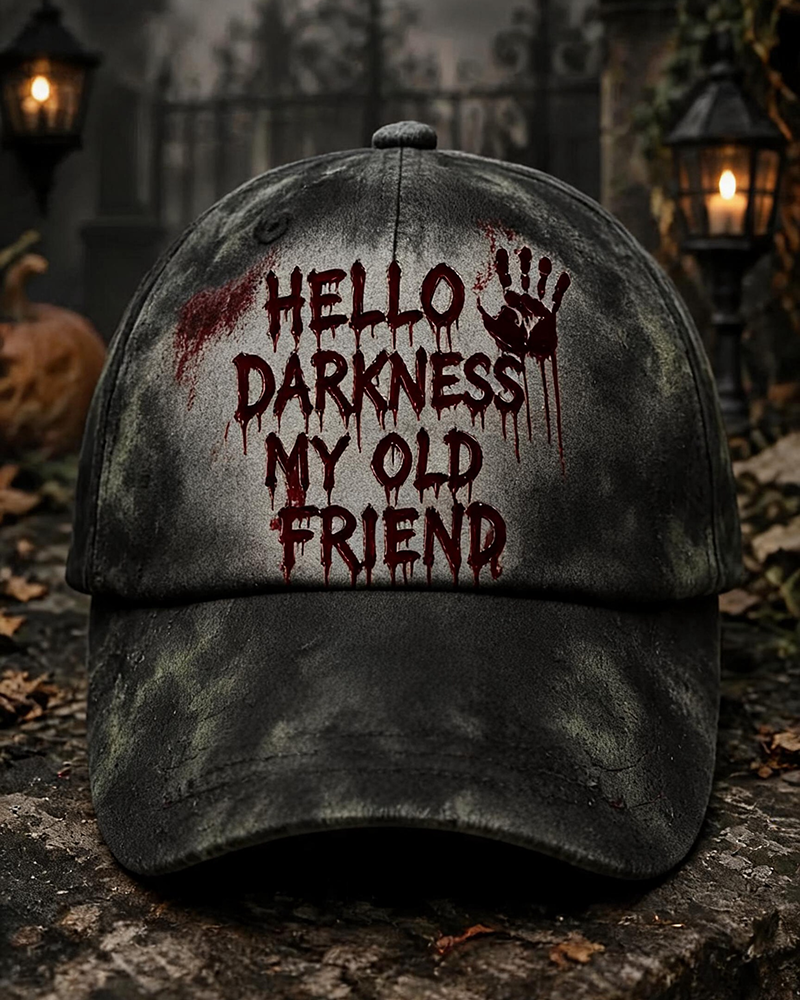 "Hello Darkness My Old Friend" Splash Ink Handprint Halloween Vintage Baseball Cap
