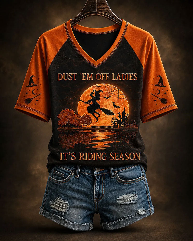 Women's Halloween Full Moon Fun Witch Print T-Shirt