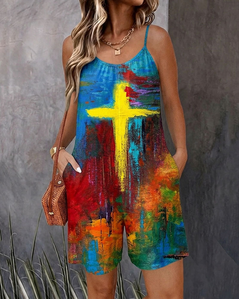 Watercolor Graffiti Cross Print Sleeveless Cami Short Jumpsuit With Side Pockets