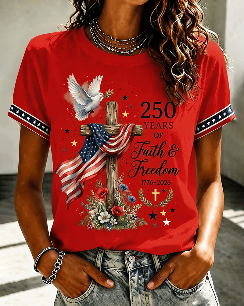 Faith Is Freedom Print Crew Neck Short Sleeve Tshirt