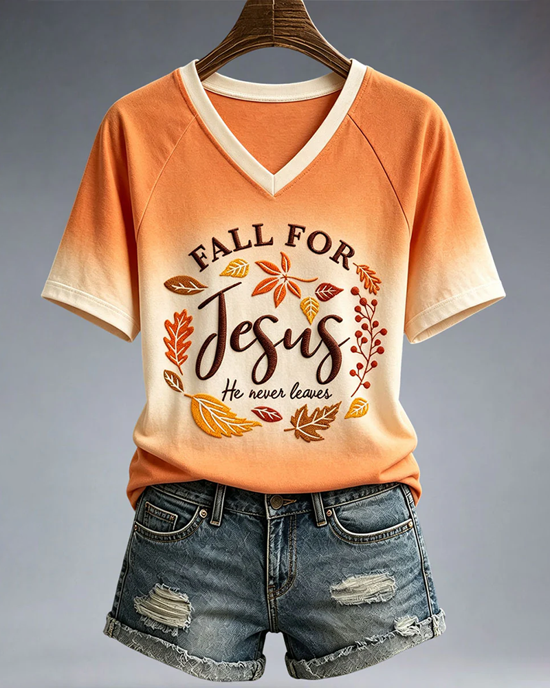 Women's Fall For Jesus He Never Leaves V-neck Short Sleeve Tshirt