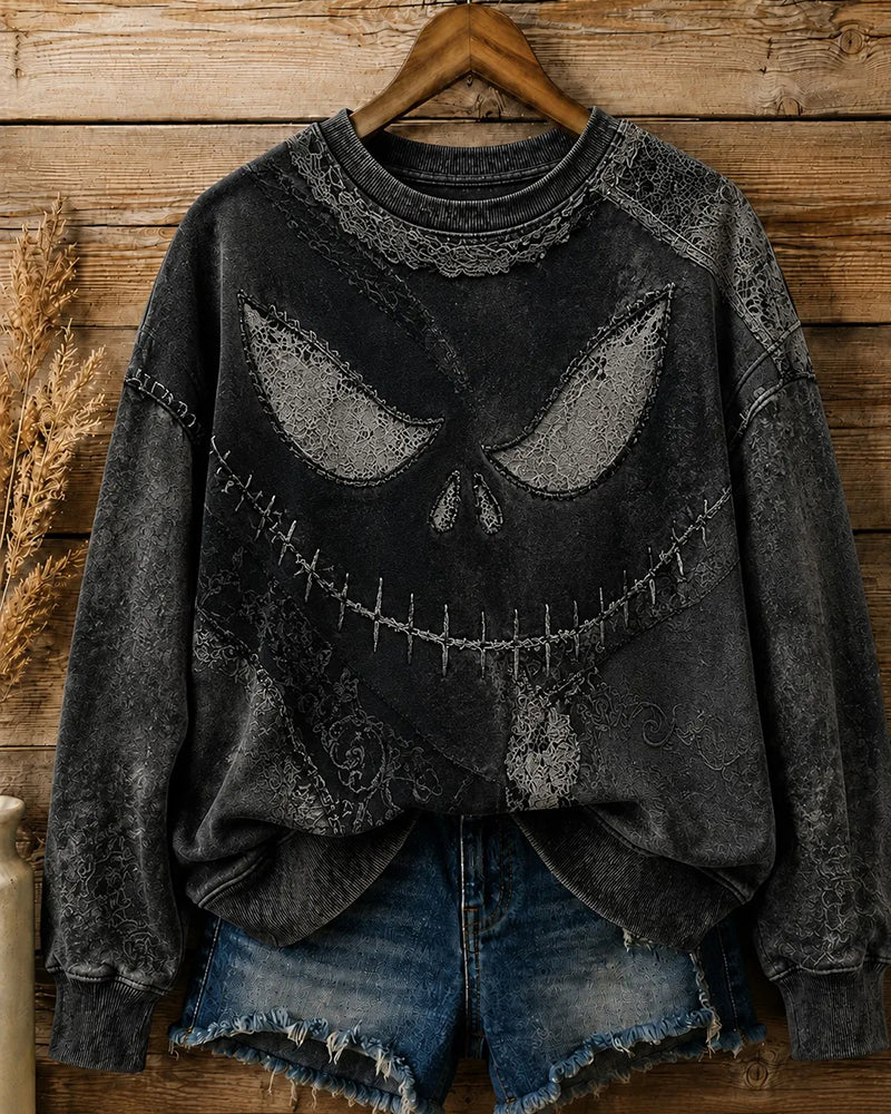 Vintage Grey Lace Stitching Jack Skull Print Round Neck Sweat