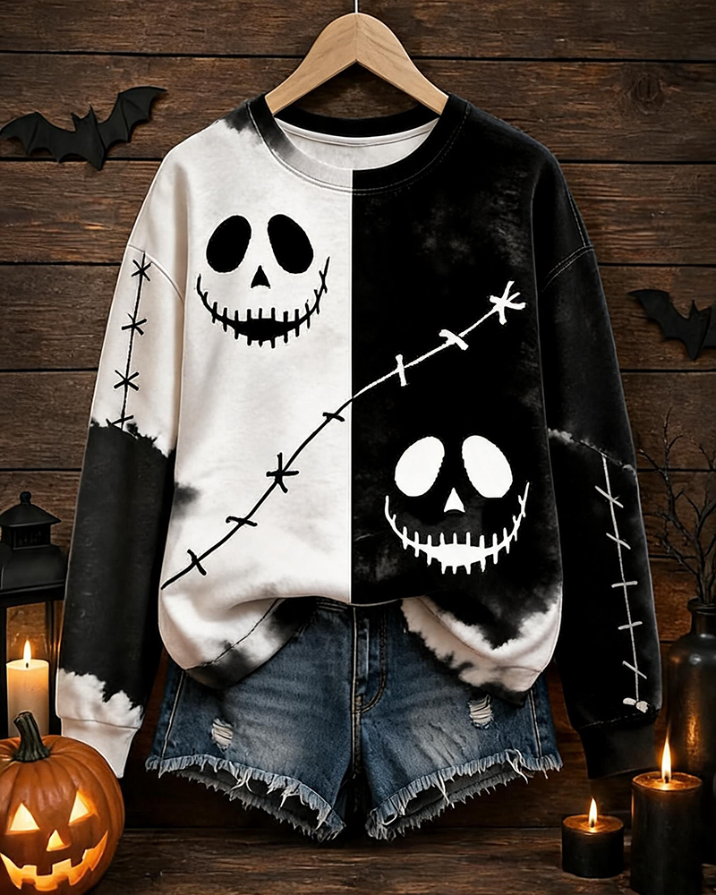 Black And White Tie-Dye Skull-Stitch Printed Crewneck Sweat