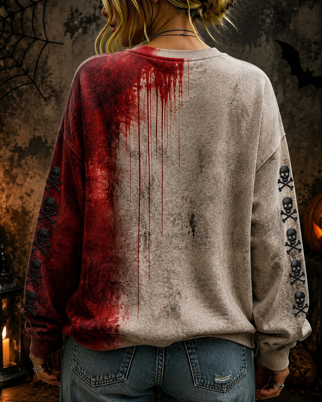 Blood I'm Fine Halloween Printed Round Neck Sweatshirt