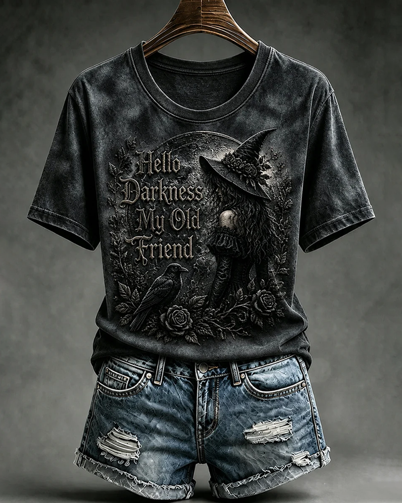 Women's Halloween Hello Darkness My Old Friend Print V-neck Short Sleeve T-Shirt