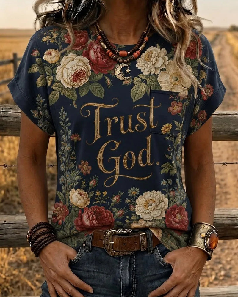 American Vintage Trust God Text Full Rose Print Crewneck T-Shirt