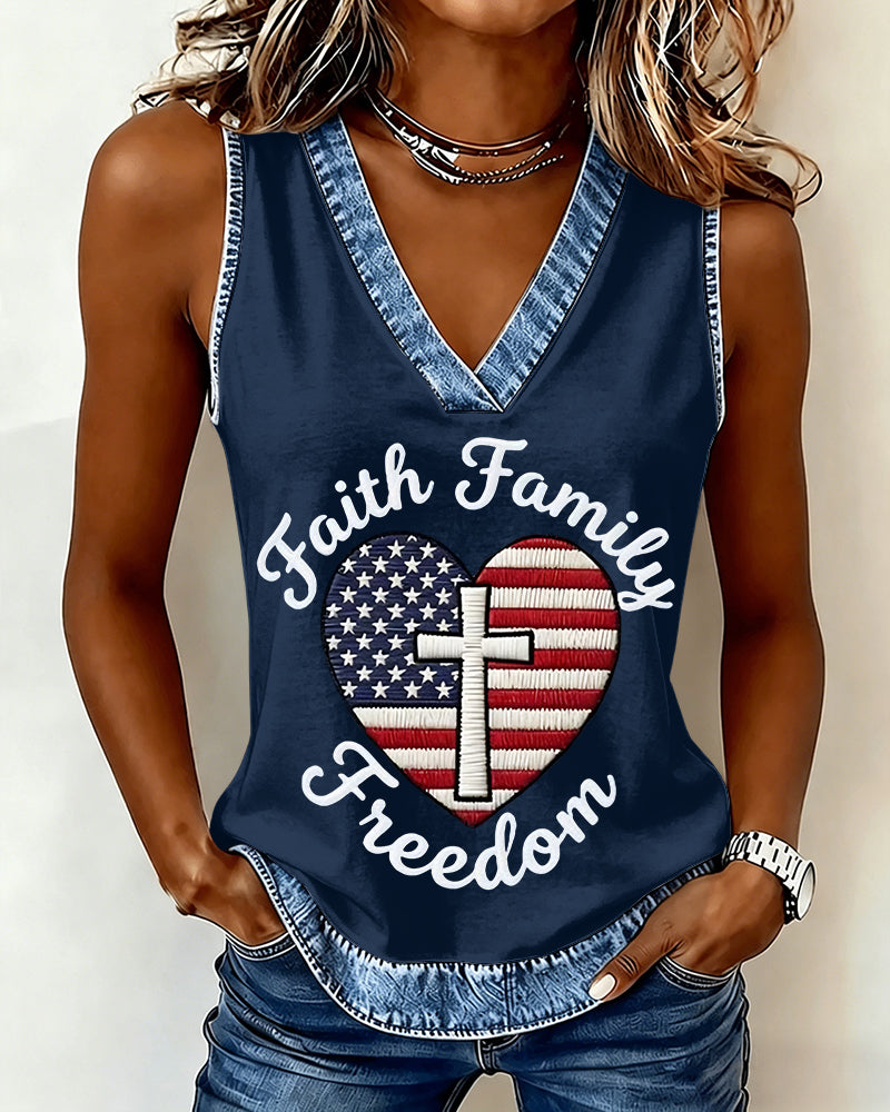 Faith Home and Freedom Print V-Neck Vest