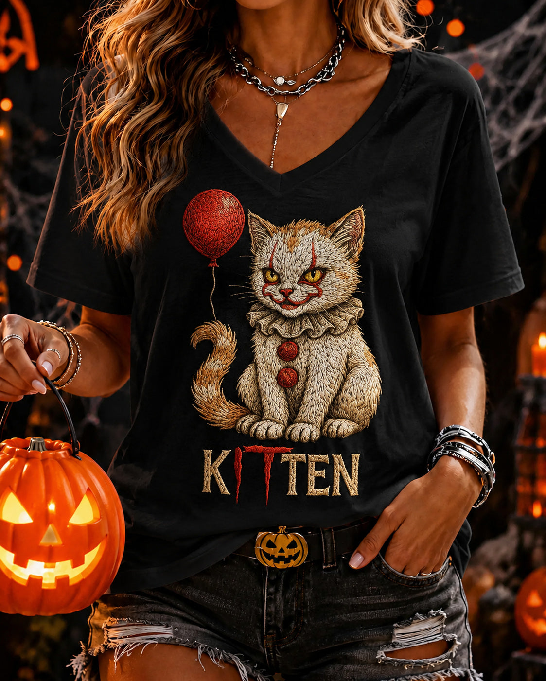 100% Cotton Halloween Cat Spooky Horror Movie Kitten V Neck Short Sleeve Tshirt