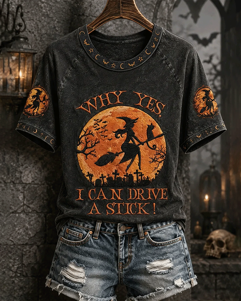 Women's Halloween Actually I Can Drive A Stick Witch Printed T-Shirt