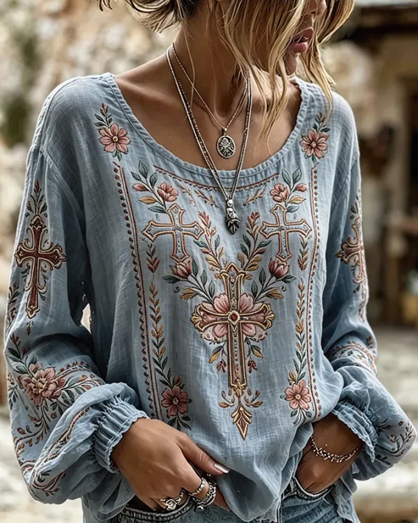 Retro Cross Flower Round Neck Puff Sleeves Blouse