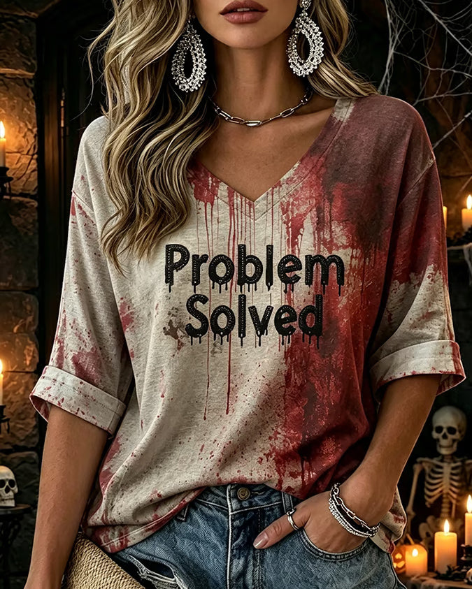 Women's Blood Problem Solved Printed V-neck Loose T-shirt