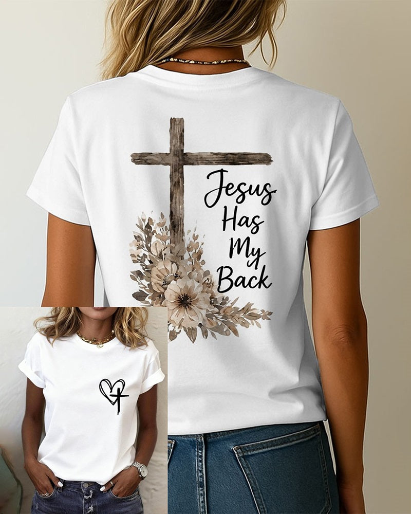 "Jesus Has My Back" Print Crew Neck Short Sleeve Tshirt