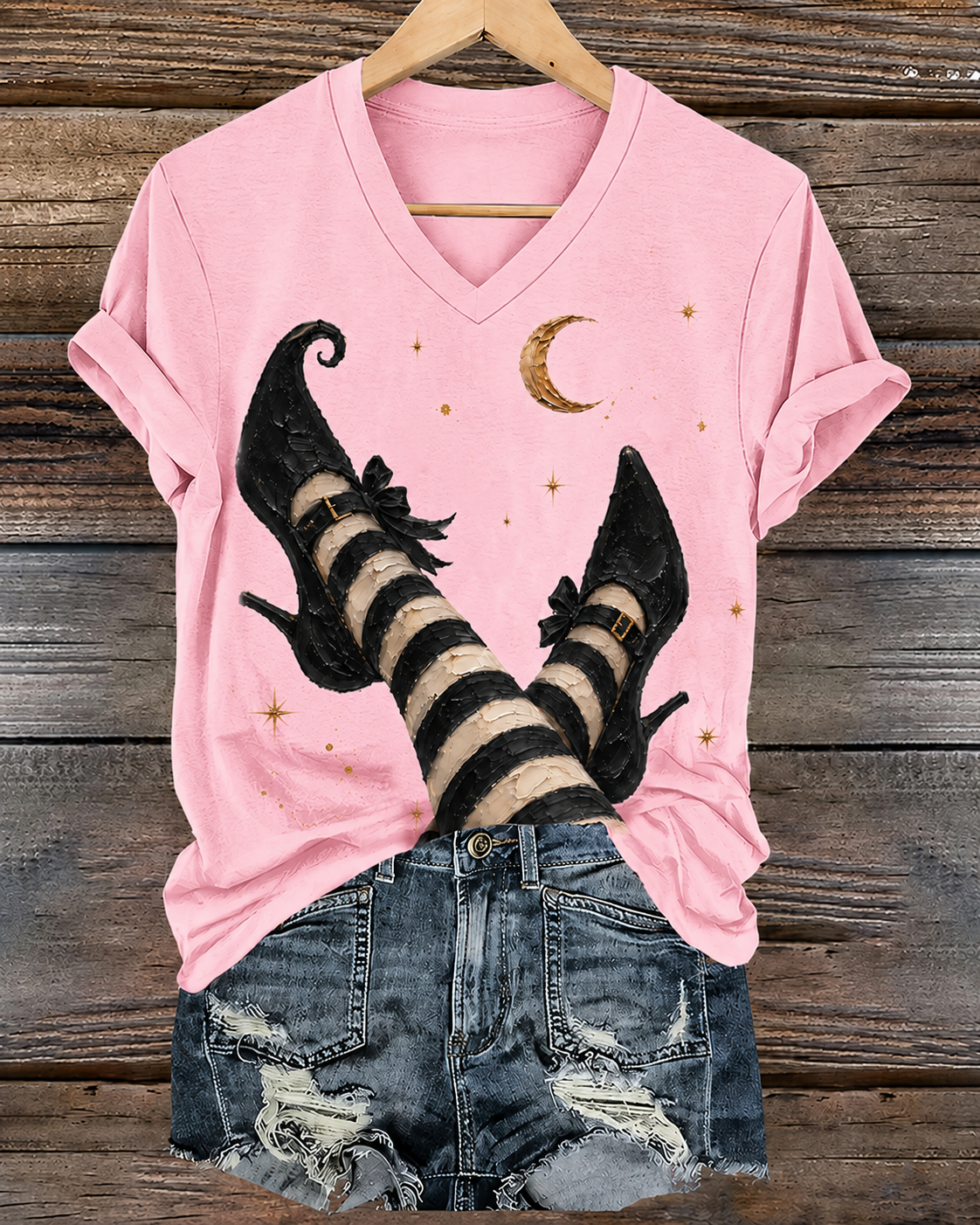100% Cotton Women's Halloween Witch Boots Art Print V- Neck Short Sleeve Tshirt