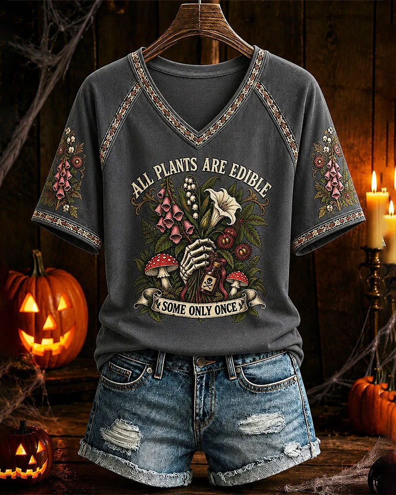 Women's "All Plants Are Edible Some Only Once" Halloween Floral Print Casual T-shirt