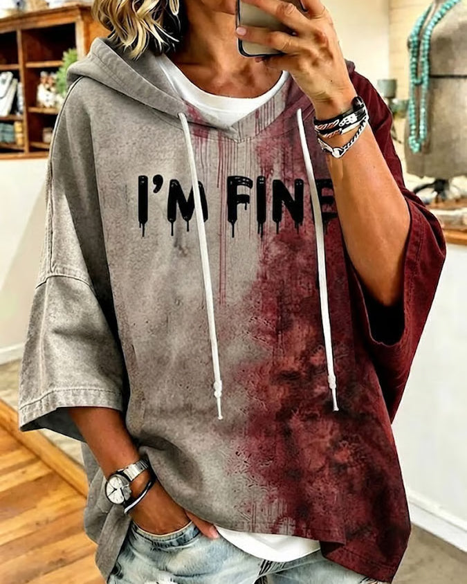 Women's Blood I'm Fine Halloween Print Loose Hooded Hoodie