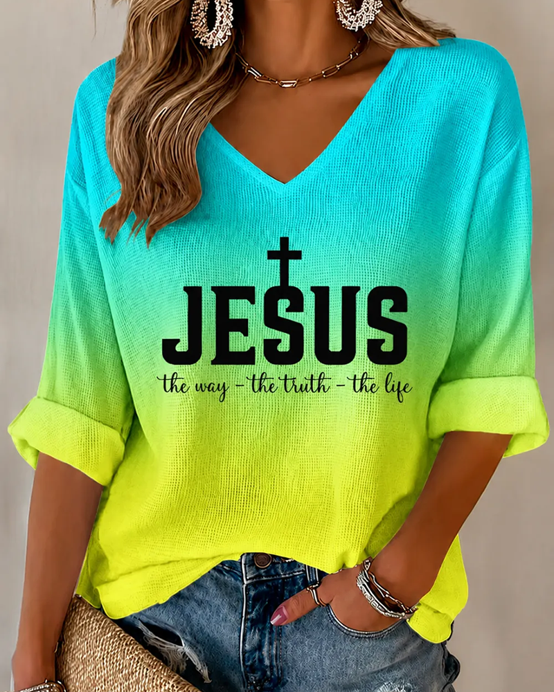 Jesus Was Right Print V-neck Loose T-shirt
