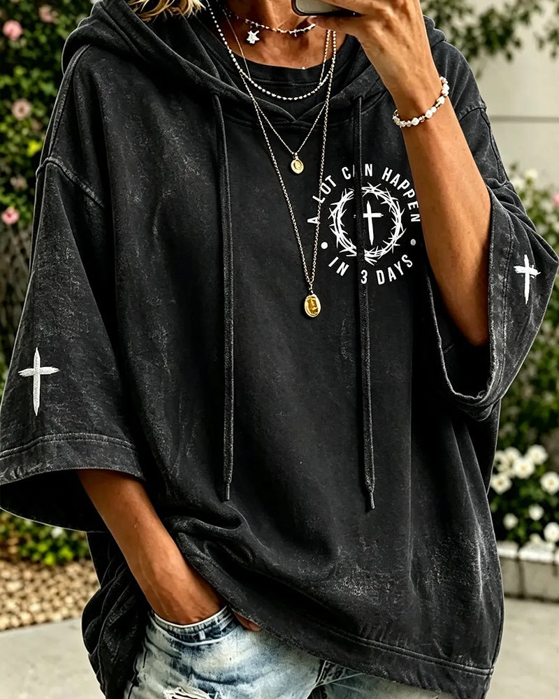 Women's Faith Theme Pattern Printed Loose Hooded Hoodie