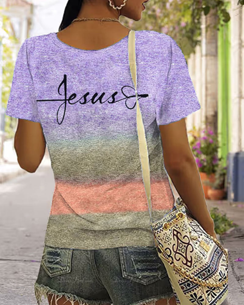 Cross Section Gradient JESUS Handwritten Cross Printed Short Sleeve T-shirt