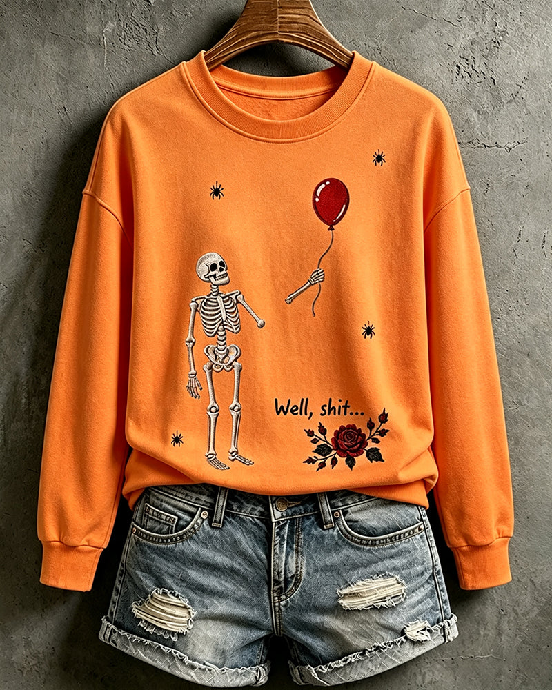 Women's Halloween Fun Skull Balloon Prints Round Neck Sweatshirt