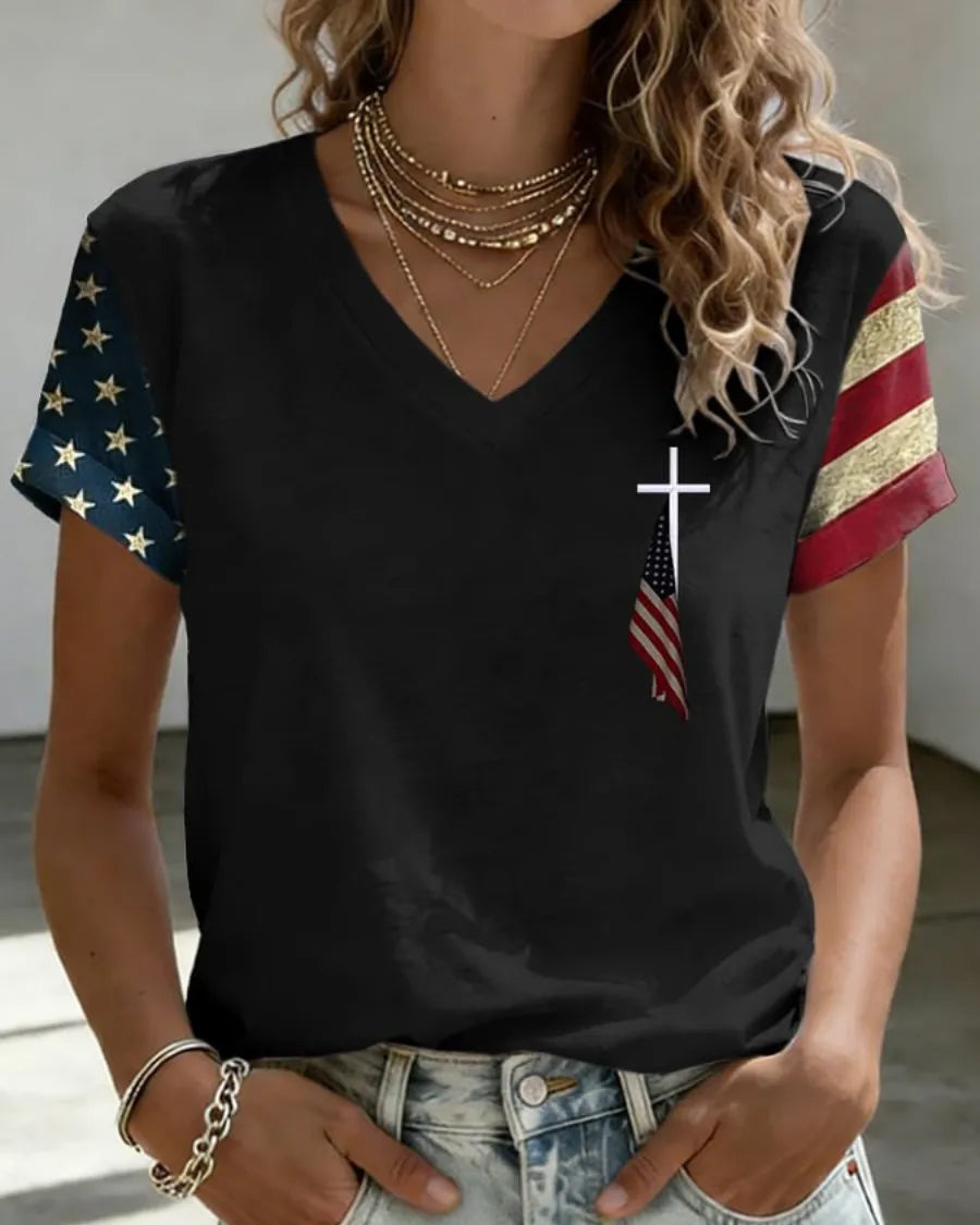 Patriotic 1776-2026 Print V-neck Short Sleeve Tshirt